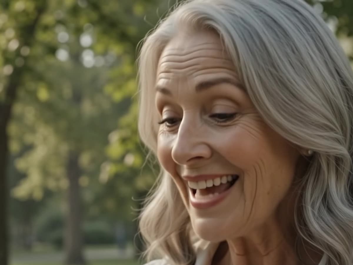 Grace laughing warmly during a conversation outdoors